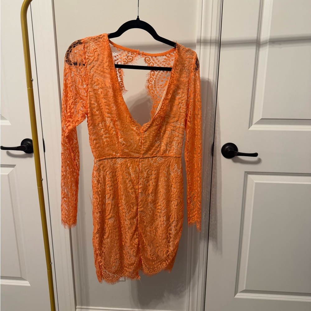 Orange Lace Long Sleeve Dress